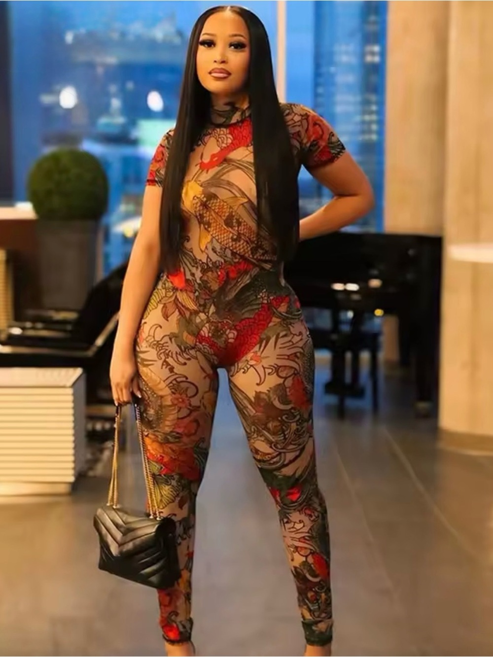 Sheer Dragon-Print Jumpsuit in Multi-Color